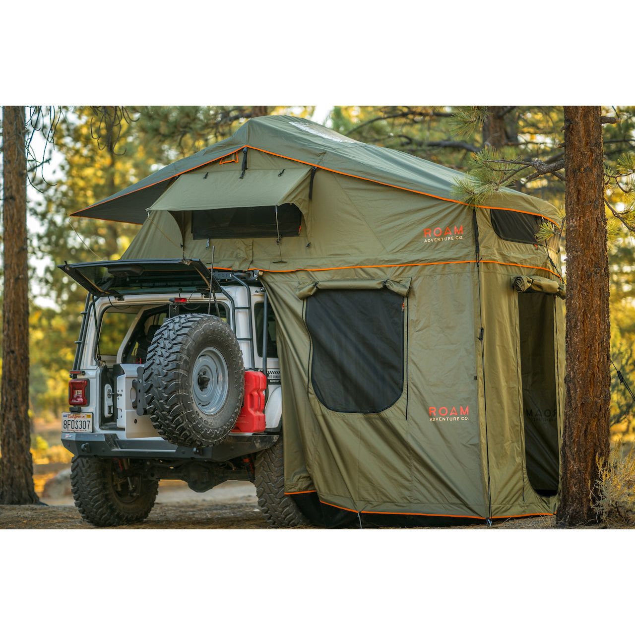 Vagabond XL Rooftop Tent on a Jeep Roubion — showing Annex Room, rainfly, skylight windows